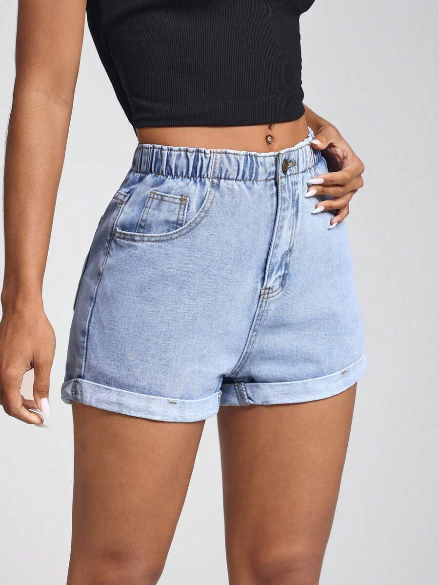 Jeanoix High Waist Slant Pocket Roll Hem Denim Shorts