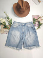 Women's Straight Leg Denim Shorts, Slim Fit 7/8 Length, With Pockets, Casual Non-Stretch Frayed Hem Shorts, Suitable For Daily Wear