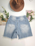 Women's Straight Leg Denim Shorts, Slim Fit 7/8 Length, With Pockets, Casual Non-Stretch Frayed Hem Shorts, Suitable For Daily Wear
