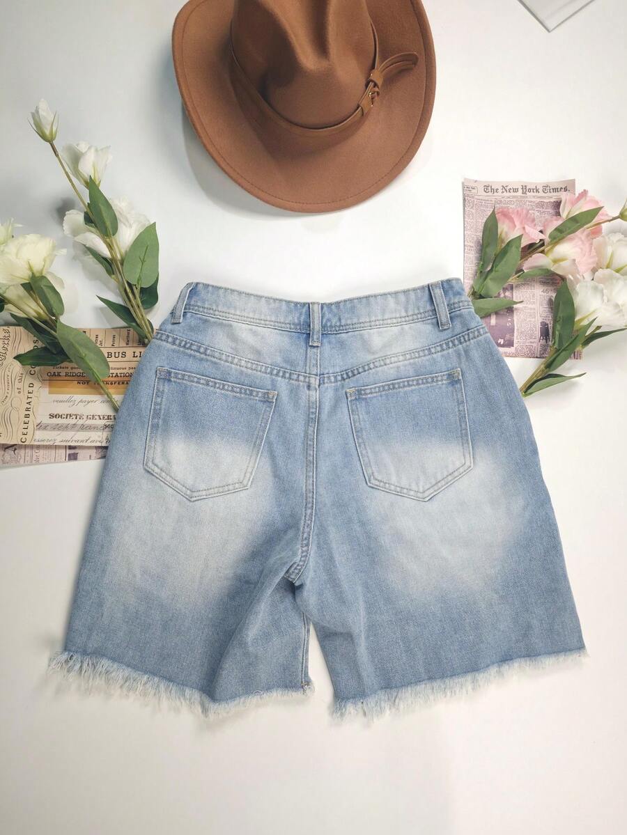 Women's Straight Leg Denim Shorts, Slim Fit 7/8 Length, With Pockets, Casual Non-Stretch Frayed Hem Shorts, Suitable For Daily Wear