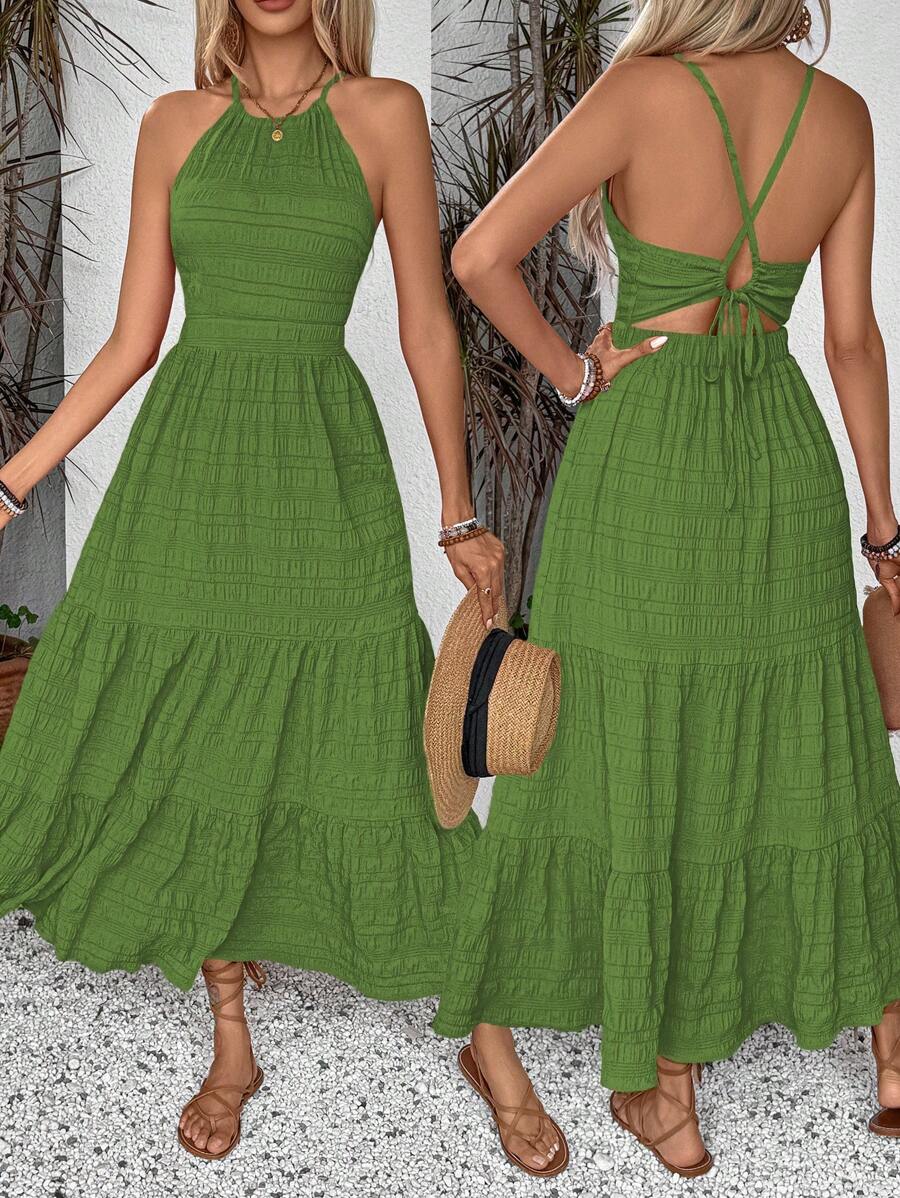 Breezaya Summer Holiday Solid Color Textured Backless Dress For New Year Clothes Maxi Vacation Beach Outfits Women