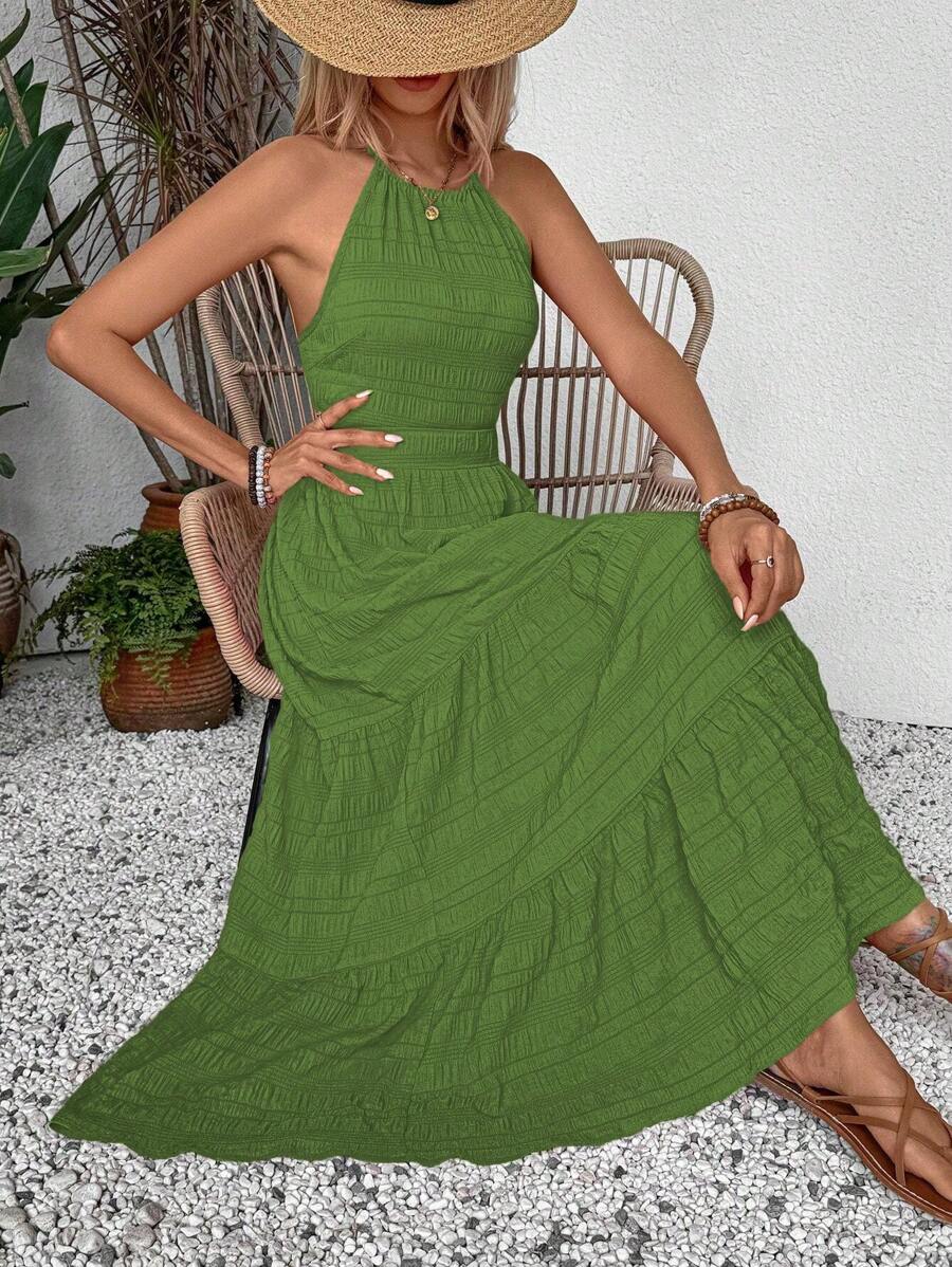 Breezaya Summer Holiday Solid Color Textured Backless Dress For New Year Clothes Maxi Vacation Beach Outfits Women