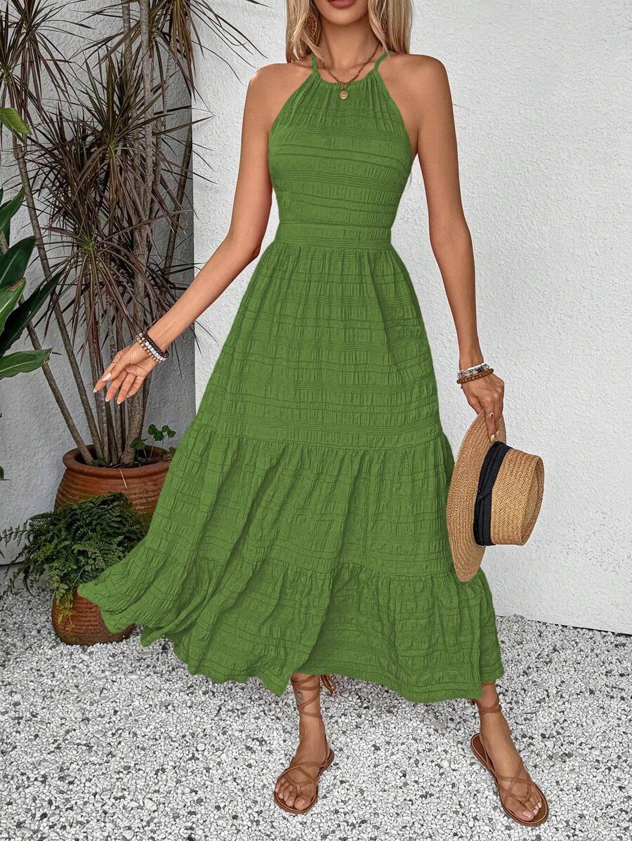 Breezaya Summer Holiday Solid Color Textured Backless Dress For New Year Clothes Maxi Vacation Beach Outfits Women