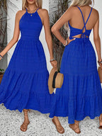 Breezaya Summer Holiday Solid Color Textured Backless Dress For New Year Clothes Maxi Vacation Beach Outfits Women
