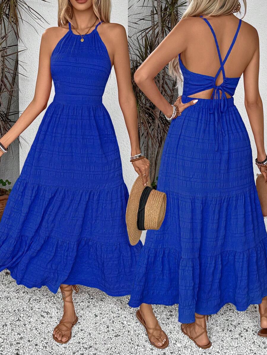 Breezaya Summer Holiday Solid Color Textured Backless Dress For New Year Clothes Maxi Vacation Beach Outfits Women