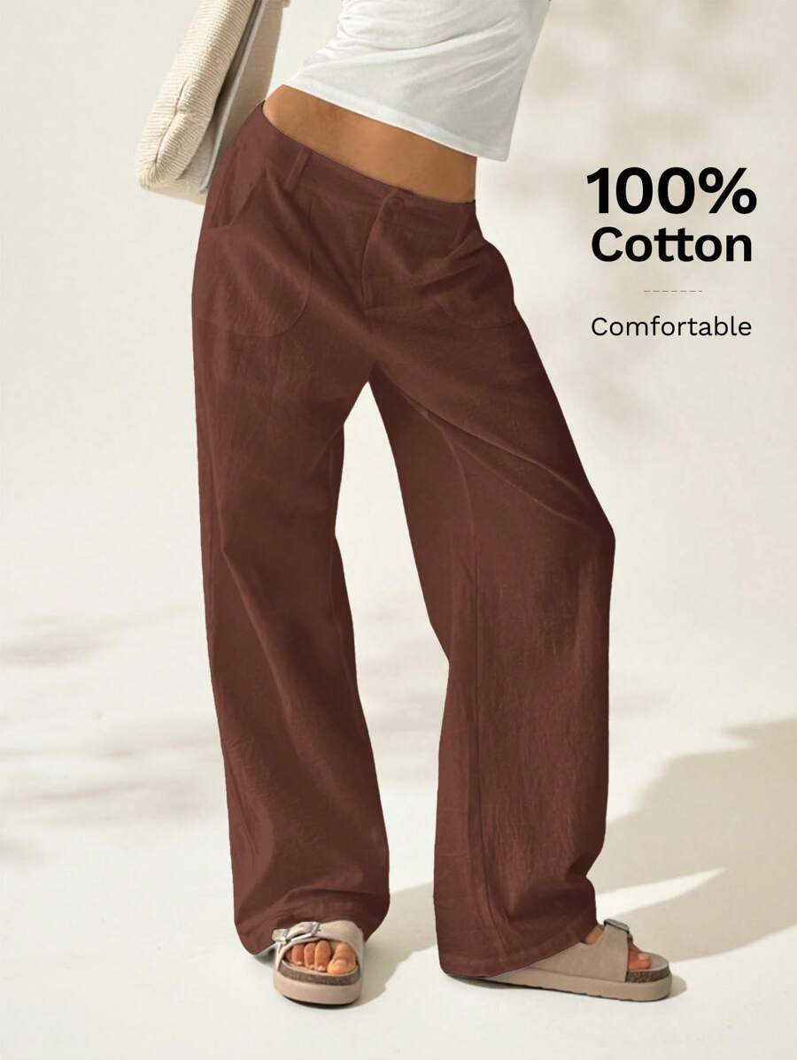 Easelle Women Plain Simple Low Waist Straight Leg Pants,Ladies Spring/Fall Casual Pocket,Zipper Ultra Low Waist Straight Leg Long Black Cotton Loose Women Pants,Casual Daily Wear