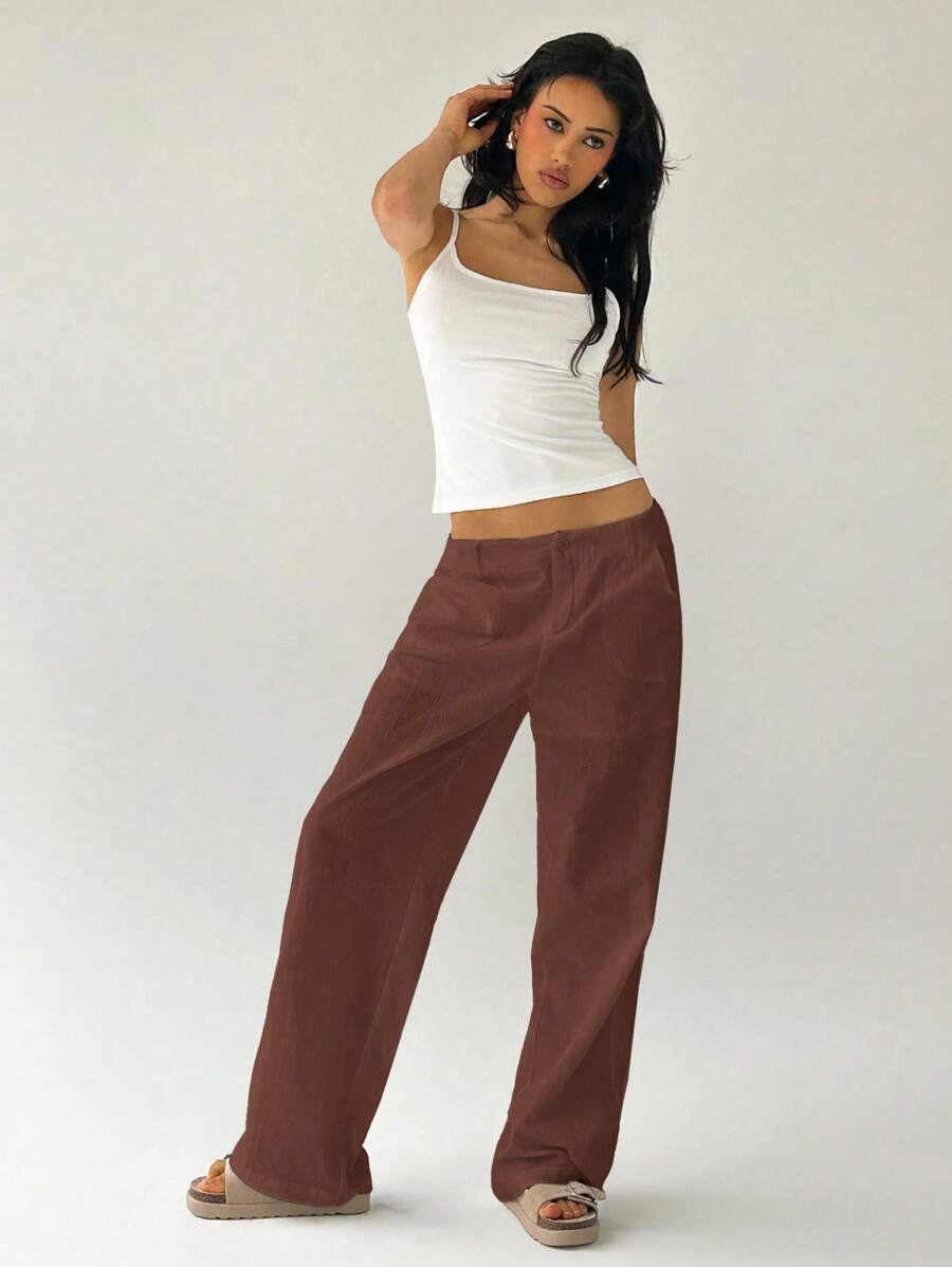 Easelle Women Plain Simple Low Waist Straight Leg Pants,Ladies Spring/Fall Casual Pocket,Zipper Ultra Low Waist Straight Leg Long Black Cotton Loose Women Pants,Casual Daily Wear
