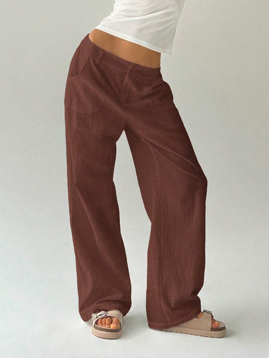 Easelle Women Plain Simple Low Waist Straight Leg Pants,Ladies Spring/Fall Casual Pocket,Zipper Ultra Low Waist Straight Leg Long Black Cotton Loose Women Pants,Casual Daily Wear