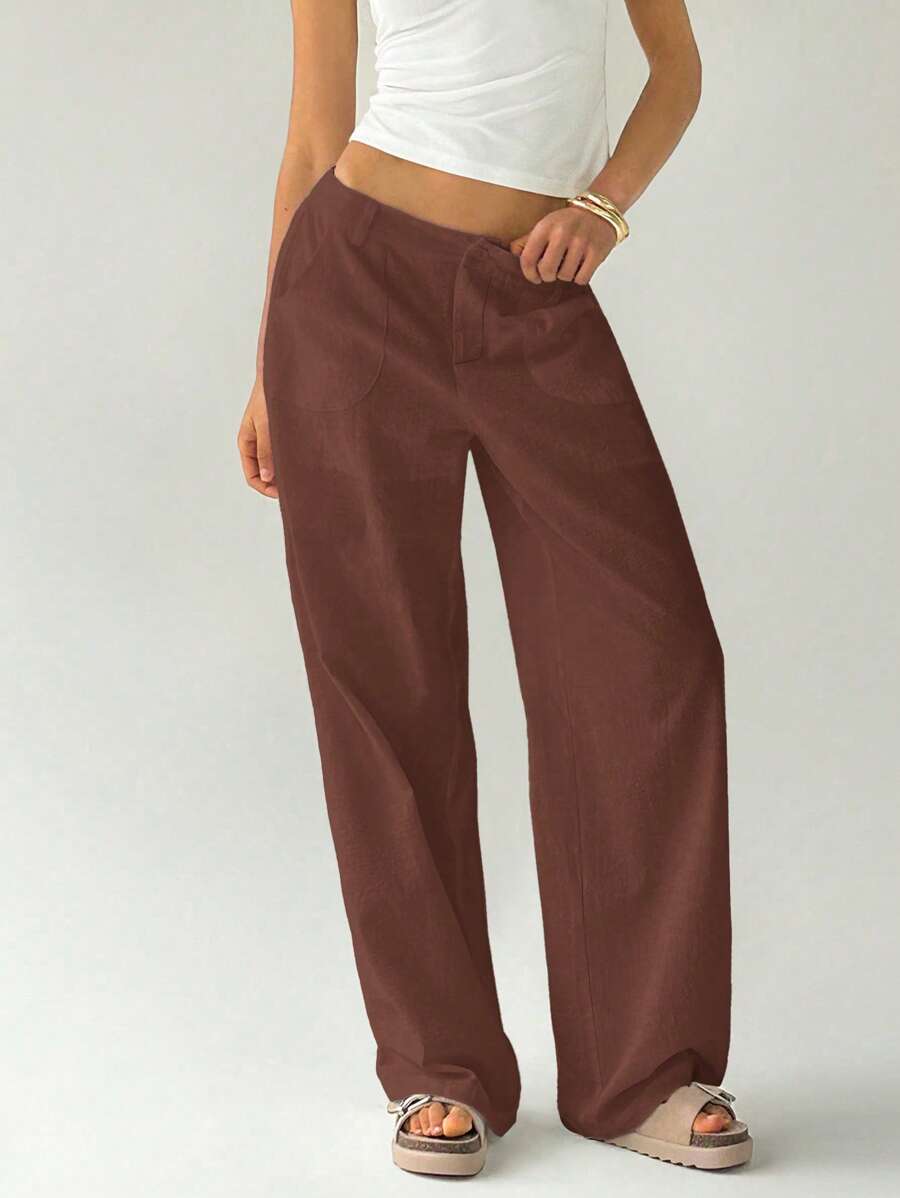 Easelle Women Plain Simple Low Waist Straight Leg Pants,Ladies Spring/Fall Casual Pocket,Zipper Ultra Low Waist Straight Leg Long Black Cotton Loose Women Pants,Casual Daily Wear