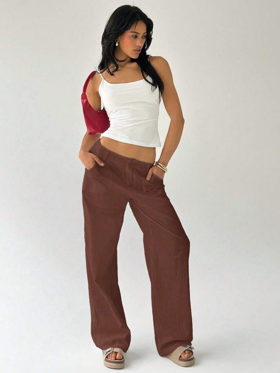 Easelle Women Plain Simple Low Waist Straight Leg Pants,Ladies Spring/Fall Casual Pocket,Zipper Ultra Low Waist Straight Leg Long Black Cotton Loose Women Pants,Casual Daily Wear