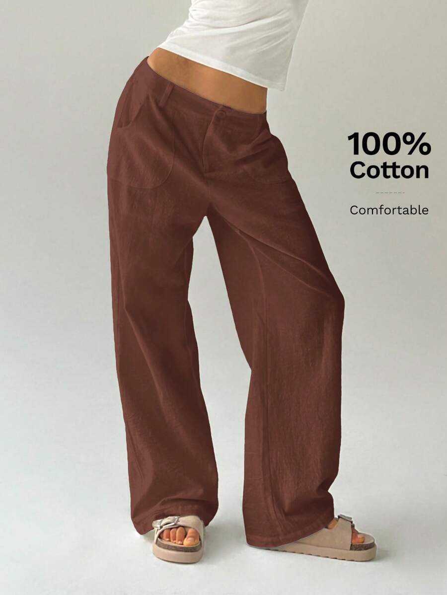 Easelle Women Plain Simple Low Waist Straight Leg Pants,Ladies Spring/Fall Casual Pocket,Zipper Ultra Low Waist Straight Leg Long Black Cotton Loose Women Pants,Casual Daily Wear