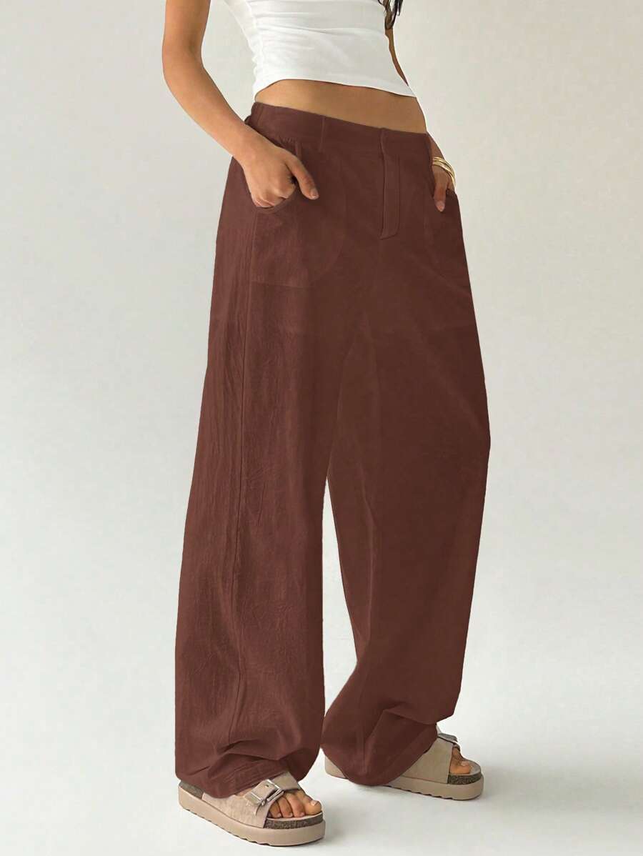 Easelle Women Plain Simple Low Waist Straight Leg Pants,Ladies Spring/Fall Casual Pocket,Zipper Ultra Low Waist Straight Leg Long Black Cotton Loose Women Pants,Casual Daily Wear