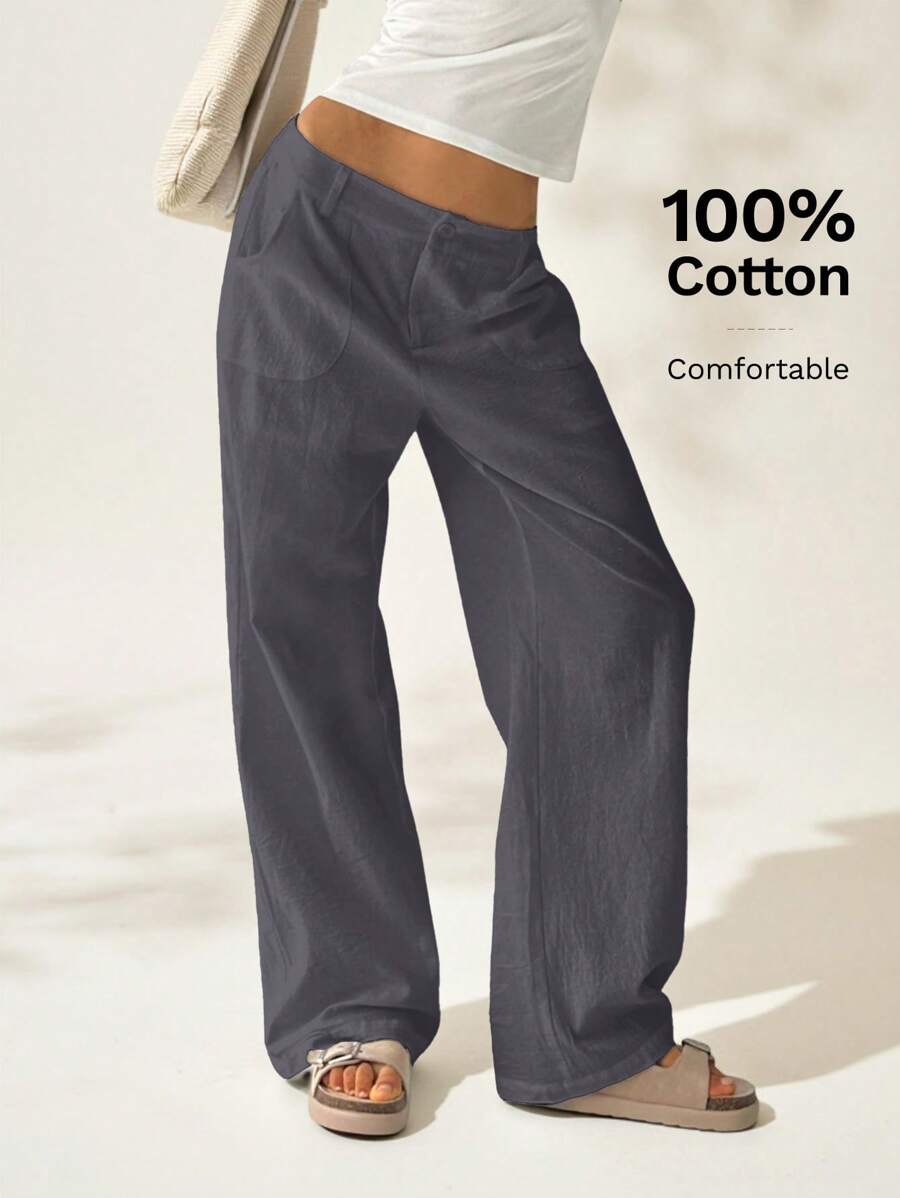Easelle Women Plain Simple Low Waist Straight Leg Pants,Ladies Spring/Fall Casual Pocket,Zipper Ultra Low Waist Straight Leg Long Black Cotton Loose Women Pants,Casual Daily Wear