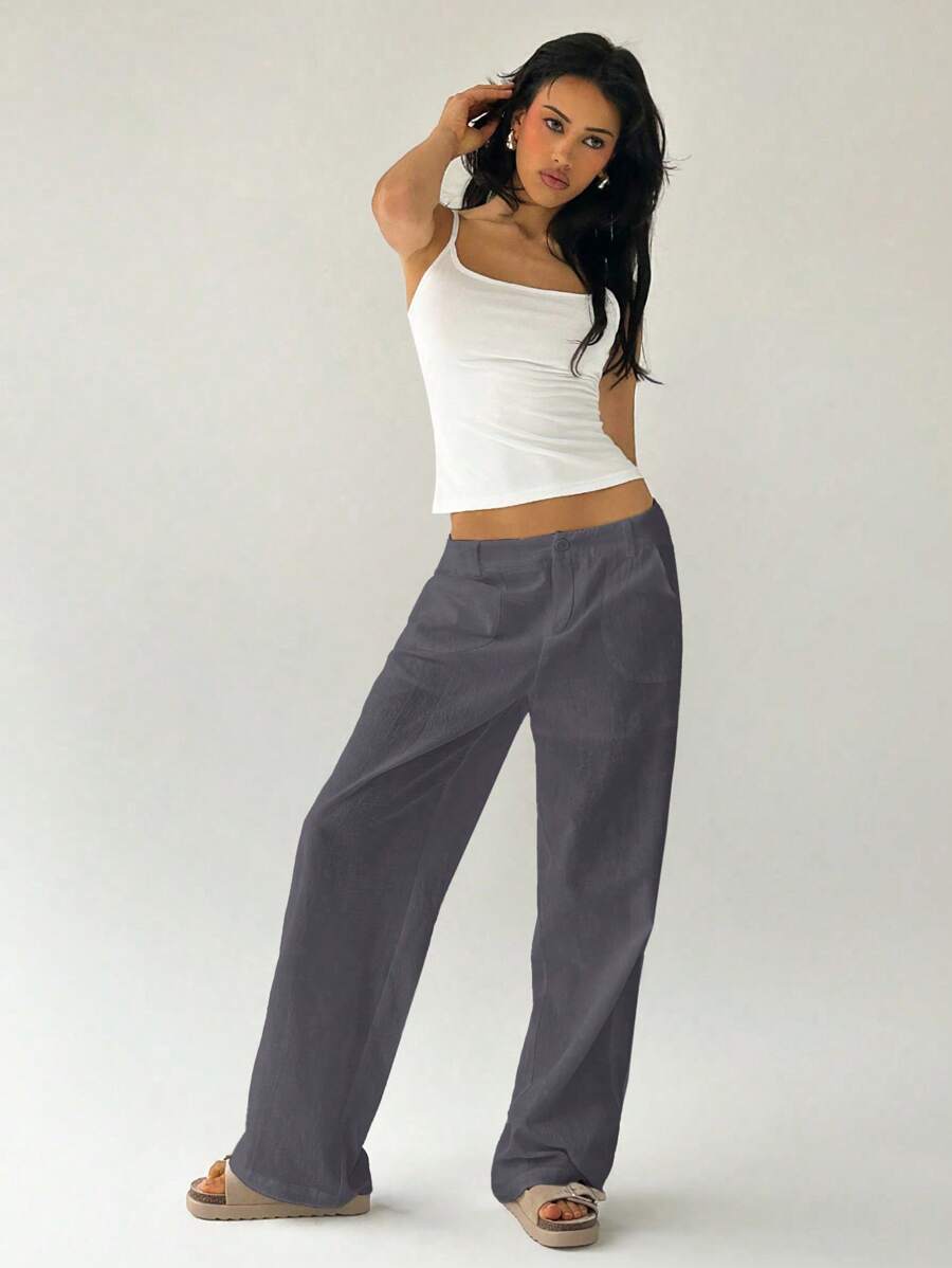 Easelle Women Plain Simple Low Waist Straight Leg Pants,Ladies Spring/Fall Casual Pocket,Zipper Ultra Low Waist Straight Leg Long Black Cotton Loose Women Pants,Casual Daily Wear