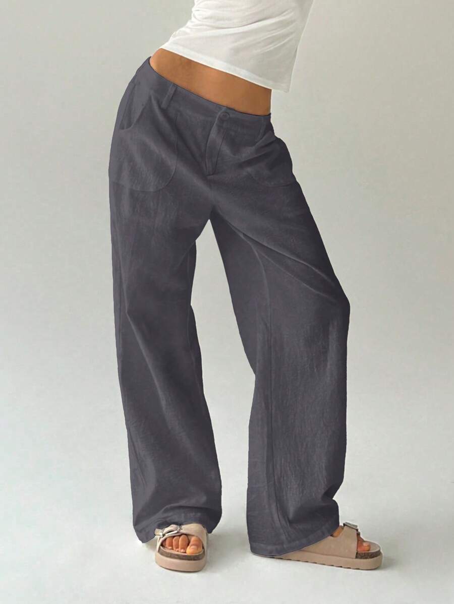 Easelle Women Plain Simple Low Waist Straight Leg Pants,Ladies Spring/Fall Casual Pocket,Zipper Ultra Low Waist Straight Leg Long Black Cotton Loose Women Pants,Casual Daily Wear