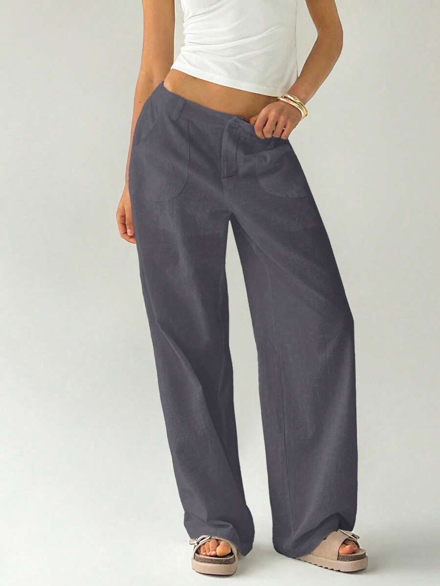 Easelle Women Plain Simple Low Waist Straight Leg Pants,Ladies Spring/Fall Casual Pocket,Zipper Ultra Low Waist Straight Leg Long Black Cotton Loose Women Pants,Casual Daily Wear
