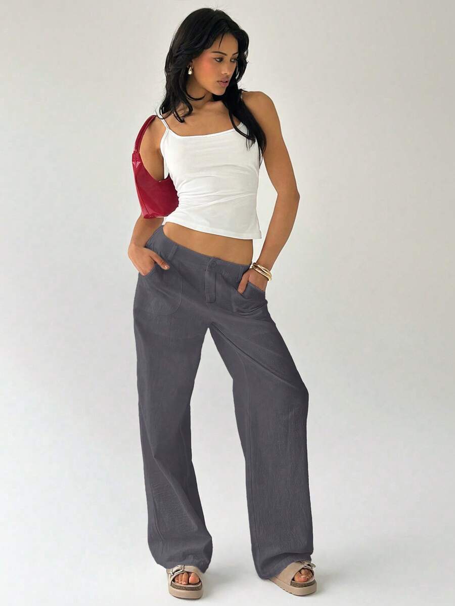 Easelle Women Plain Simple Low Waist Straight Leg Pants,Ladies Spring/Fall Casual Pocket,Zipper Ultra Low Waist Straight Leg Long Black Cotton Loose Women Pants,Casual Daily Wear