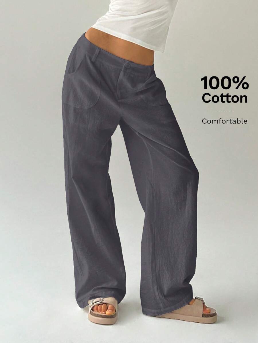 Easelle Women Plain Simple Low Waist Straight Leg Pants,Ladies Spring/Fall Casual Pocket,Zipper Ultra Low Waist Straight Leg Long Black Cotton Loose Women Pants,Casual Daily Wear