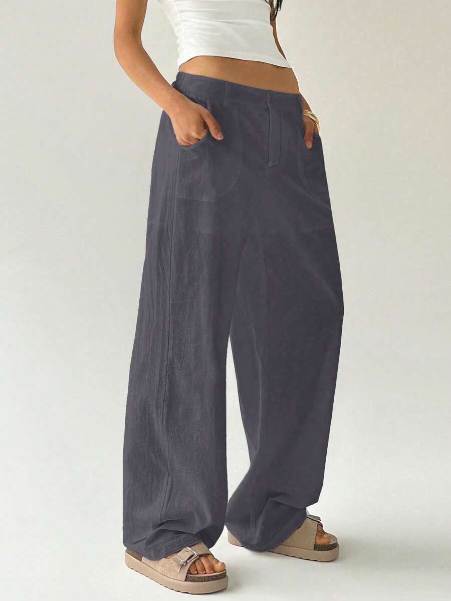 Easelle Women Plain Simple Low Waist Straight Leg Pants,Ladies Spring/Fall Casual Pocket,Zipper Ultra Low Waist Straight Leg Long Black Cotton Loose Women Pants,Casual Daily Wear