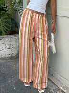 SHEIN EZwear New Women's Blue Striped Cotton And Linen Woven Drawstring Waist Casual Pants Suitable For Seaside Vacation Summer