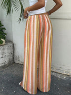SHEIN EZwear New Women's Blue Striped Cotton And Linen Woven Drawstring Waist Casual Pants Suitable For Seaside Vacation Summer