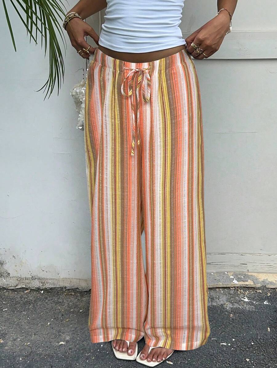 SHEIN EZwear New Women's Blue Striped Cotton And Linen Woven Drawstring Waist Casual Pants Suitable For Seaside Vacation Summer
