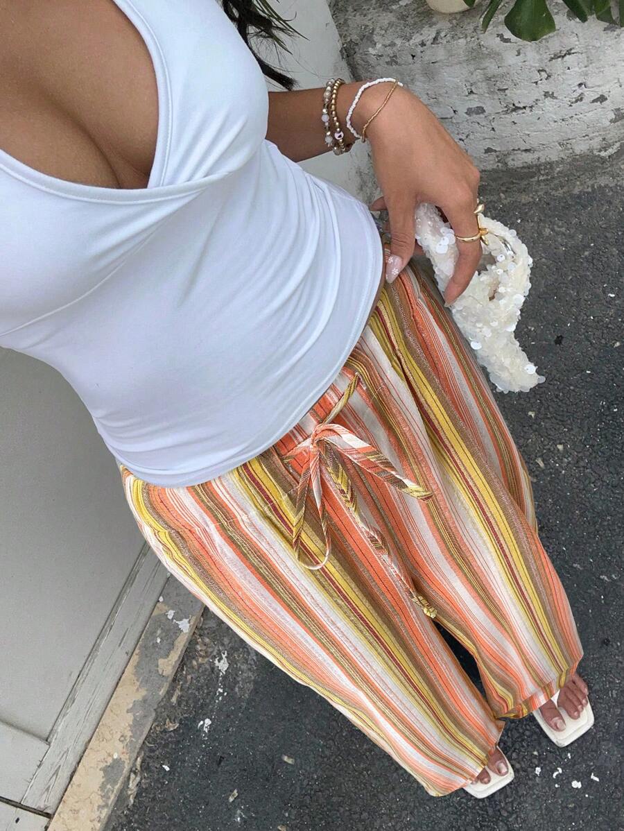 SHEIN EZwear New Women's Blue Striped Cotton And Linen Woven Drawstring Waist Casual Pants Suitable For Seaside Vacation Summer