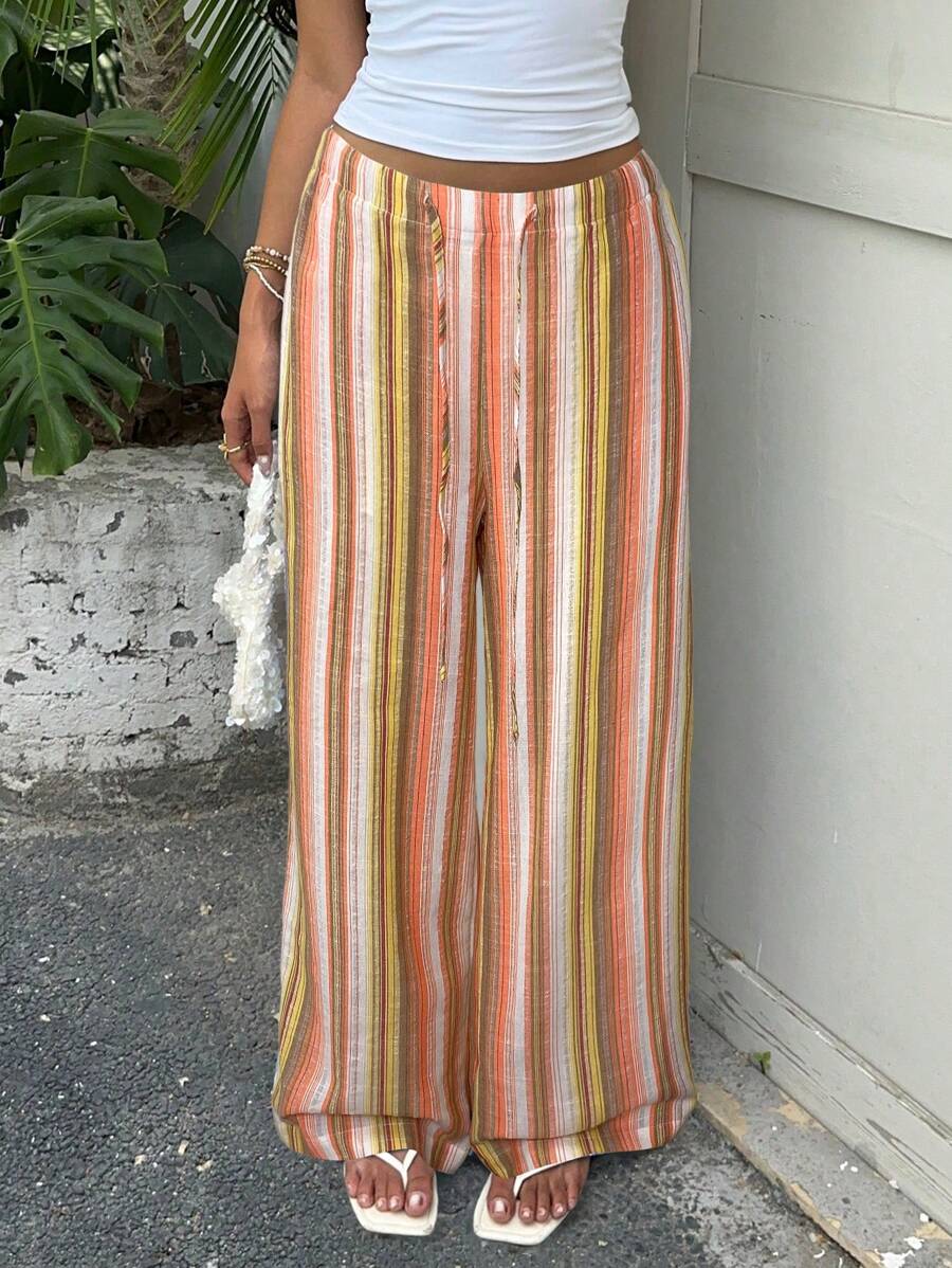 SHEIN EZwear New Women's Blue Striped Cotton And Linen Woven Drawstring Waist Casual Pants Suitable For Seaside Vacation Summer