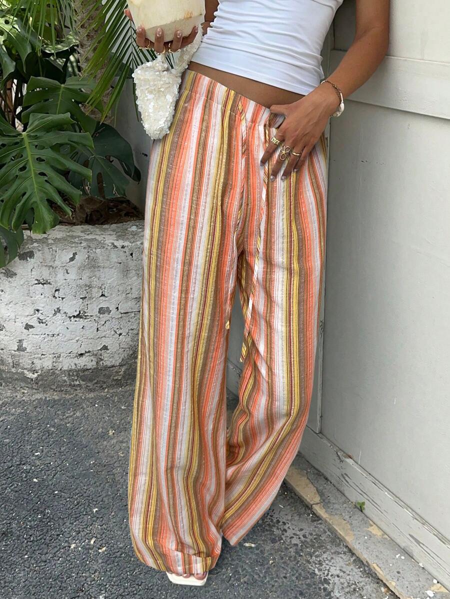 SHEIN EZwear New Women's Blue Striped Cotton And Linen Woven Drawstring Waist Casual Pants Suitable For Seaside Vacation Summer