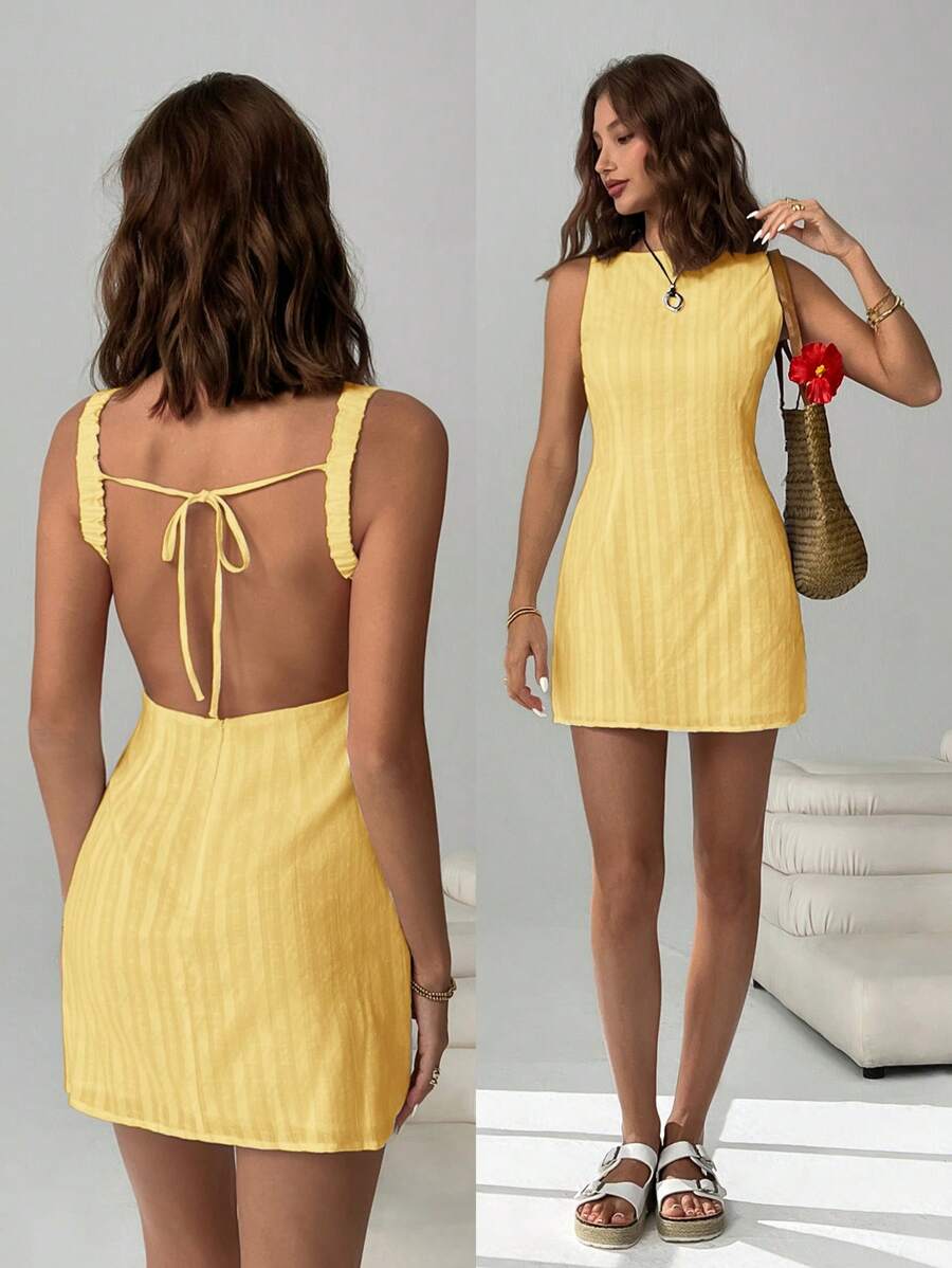 Easelle Women's Solid Color Backless Lace-Up Sleeveless Mini Summer Dress