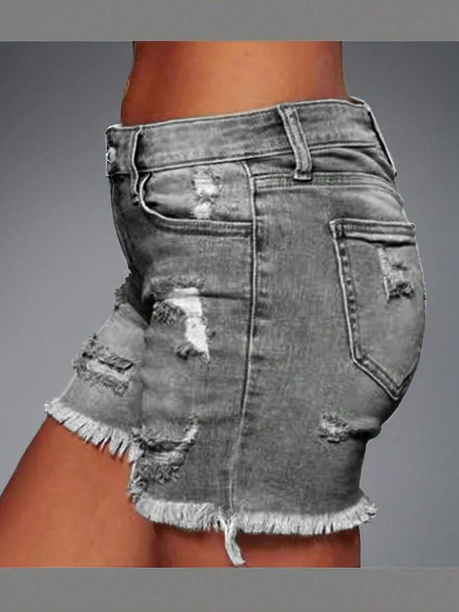 Women's Summer Fashionable Cutting-Edge Distressed Frayed Edge Stretch Denim Shorts