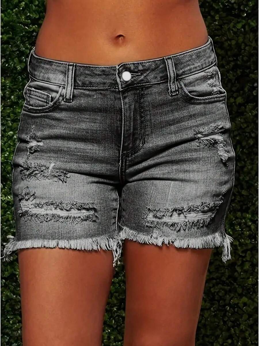 Women's Summer Fashionable Cutting-Edge Distressed Frayed Edge Stretch Denim Shorts