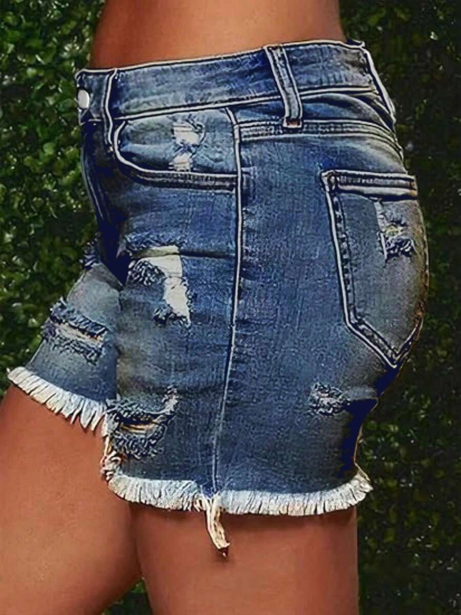 Women's Summer Fashionable Cutting-Edge Distressed Frayed Edge Stretch Denim Shorts