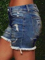 Women's Summer Fashionable Cutting-Edge Distressed Frayed Edge Stretch Denim Shorts