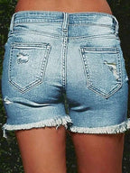 Women's Summer Fashionable Cutting-Edge Distressed Frayed Edge Stretch Denim Shorts