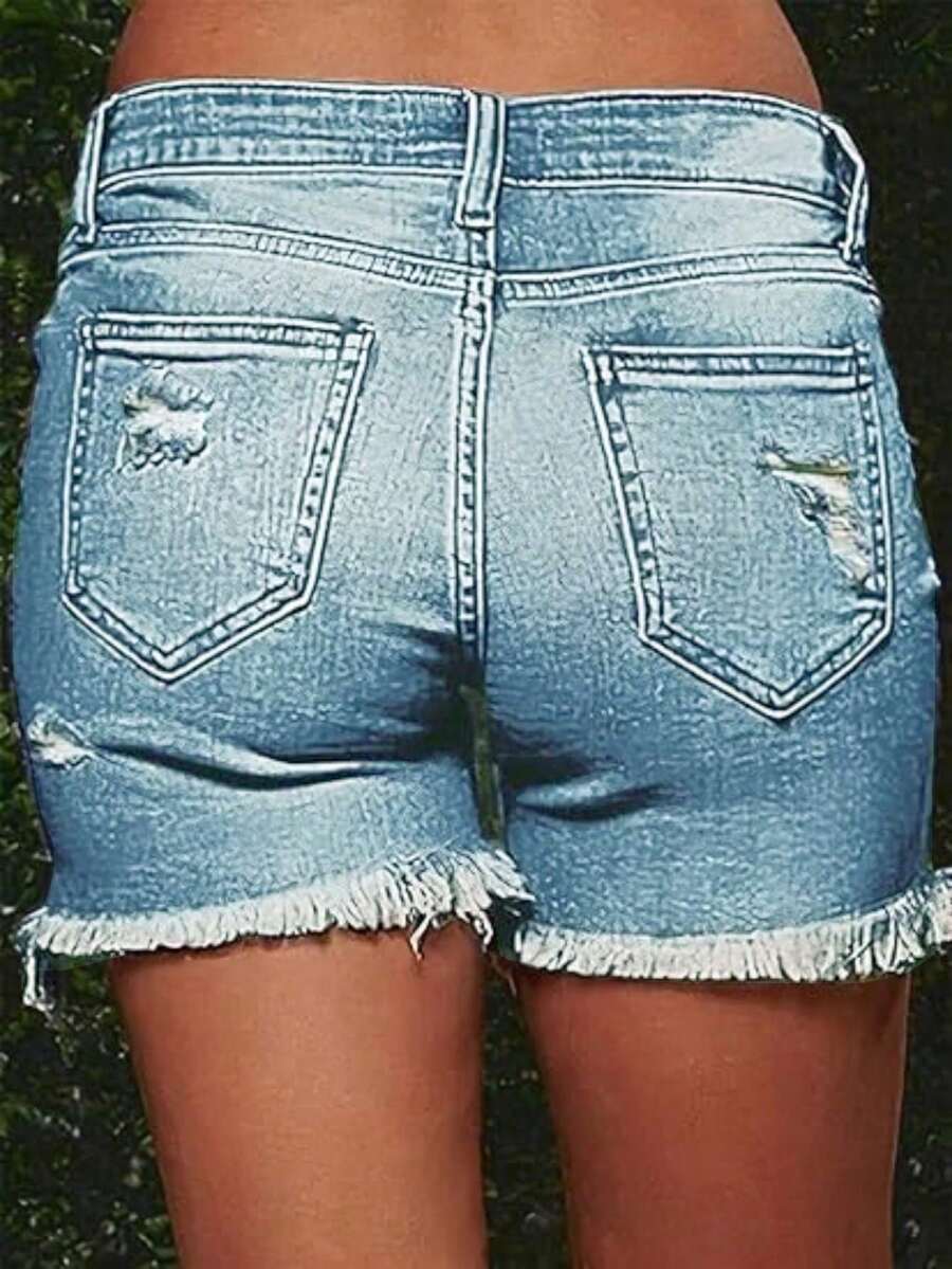 Women's Summer Fashionable Cutting-Edge Distressed Frayed Edge Stretch Denim Shorts