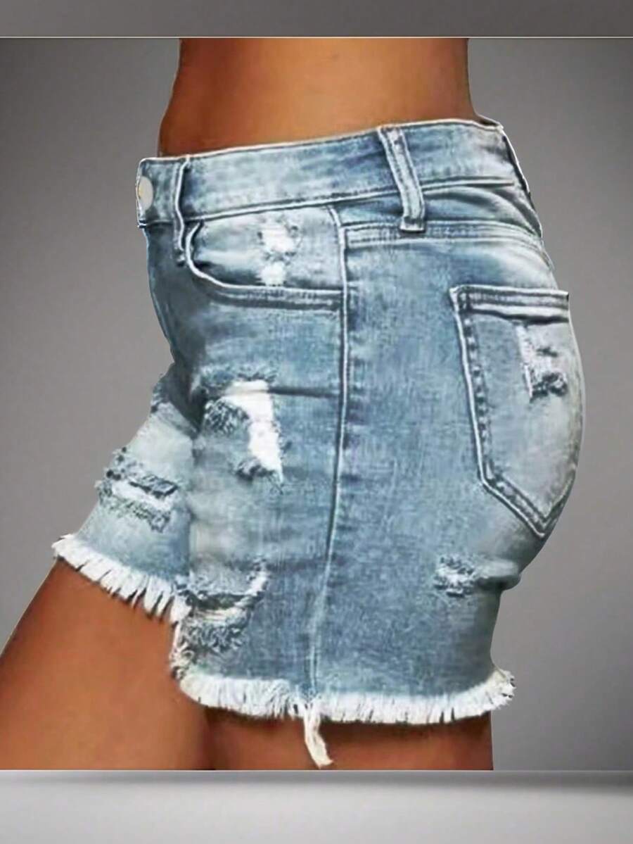 Women's Summer Fashionable Cutting-Edge Distressed Frayed Edge Stretch Denim Shorts