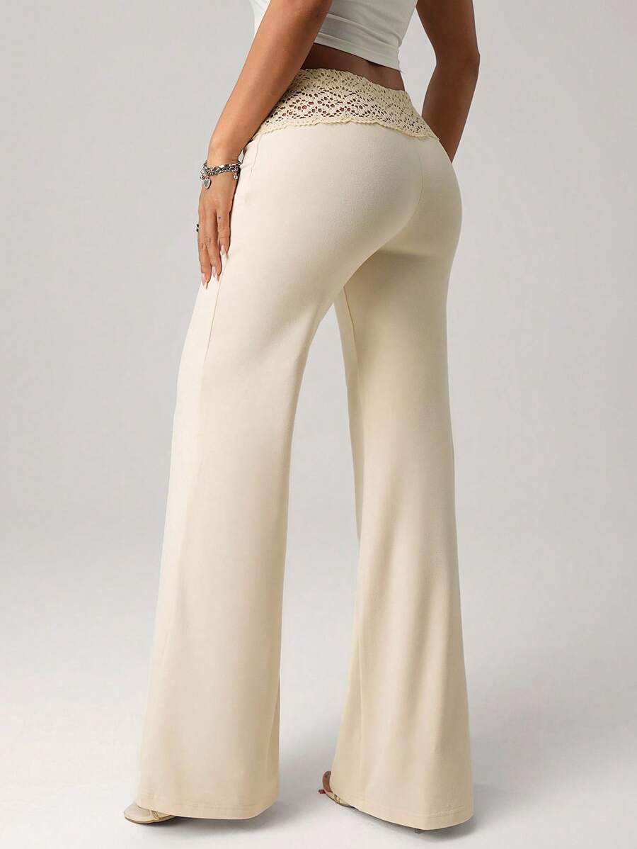 SHEIN ICON Women's White Knit Waistband With Beaded Drawstring Straight Loose Casual Resort Pants