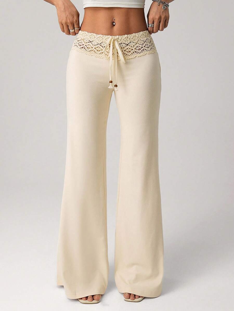 SHEIN ICON Women's White Knit Waistband With Beaded Drawstring Straight Loose Casual Resort Pants