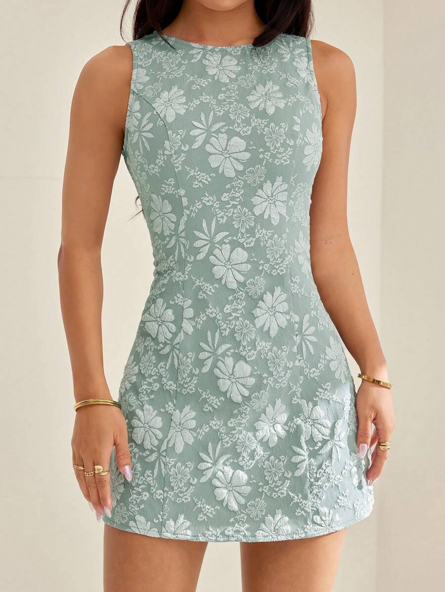 SHEIN PETITE Vintage Elegant Vacation Jacquard Sleeveless Mini Bodycon Dress, Green