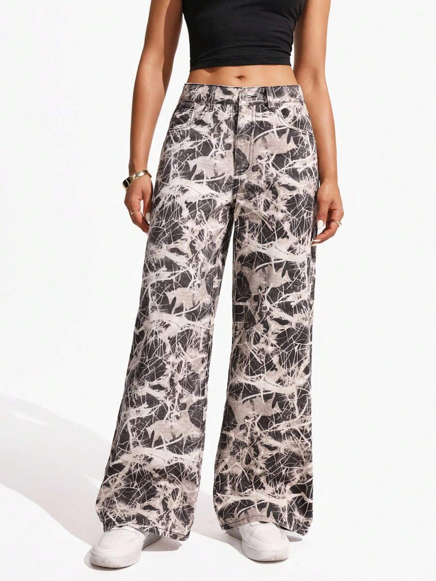 SHEIN ICON Women's Loose Fit Wide Leg Pockets Casual Versatile Jeans Pants