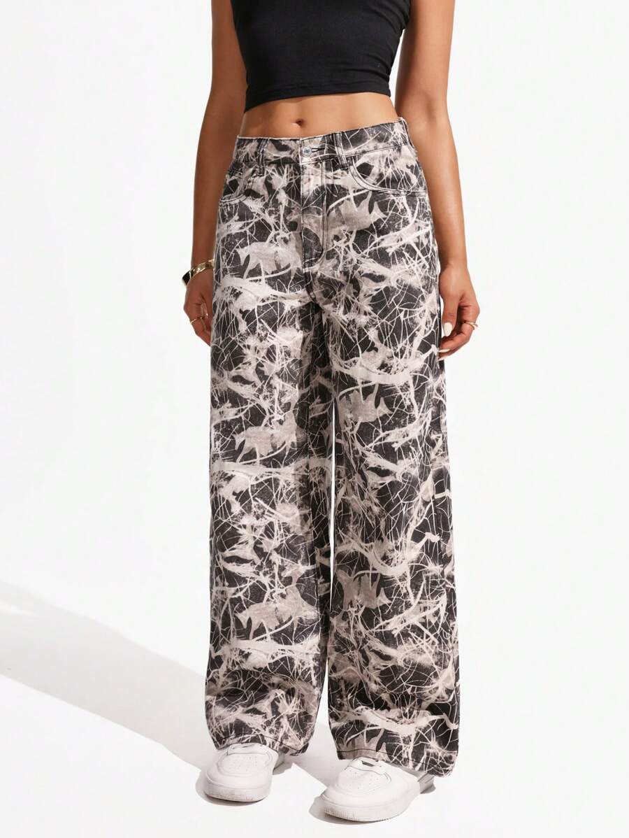 SHEIN ICON Women's Loose Fit Wide Leg Pockets Casual Versatile Jeans Pants