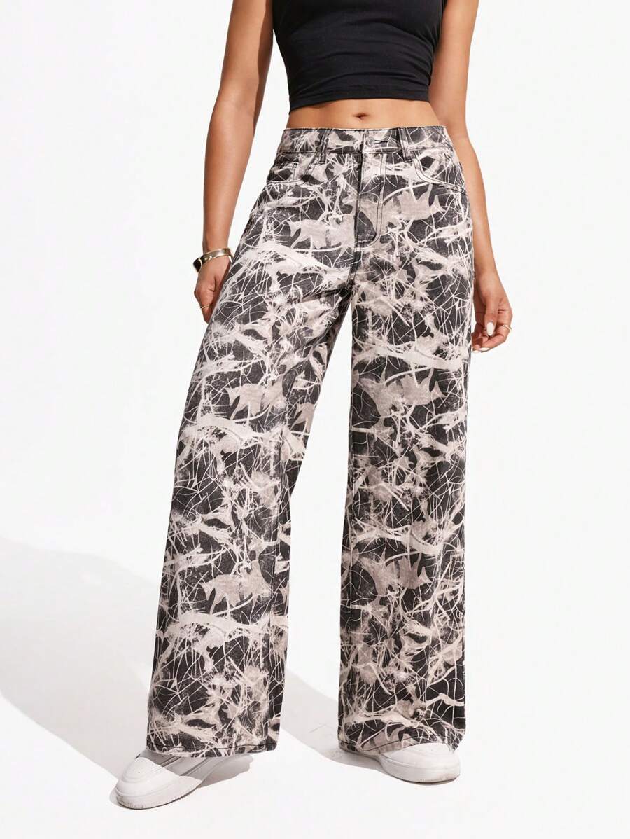 SHEIN ICON Women's Loose Fit Wide Leg Pockets Casual Versatile Jeans Pants