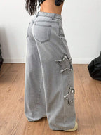 Coolane Women's Winter/All-Season Streetwear  Hippie   Music Festival Party Casual Preppy Vintage Basic Star Patched Washed Comfortable Black Baggy  Jeans