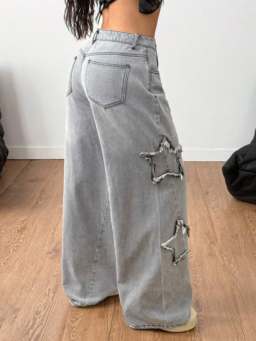 Coolane Women's Winter/All-Season Streetwear  Hippie   Music Festival Party Casual Preppy Vintage Basic Star Patched Washed Comfortable Black Baggy  Jeans
