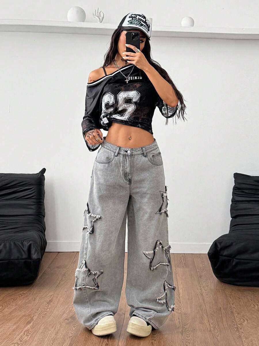 Coolane Women's Winter/All-Season Streetwear  Hippie   Music Festival Party Casual Preppy Vintage Basic Star Patched Washed Comfortable Black Baggy  Jeans