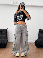 Coolane Women's Winter/All-Season Streetwear  Hippie   Music Festival Party Casual Preppy Vintage Basic Star Patched Washed Comfortable Black Baggy  Jeans