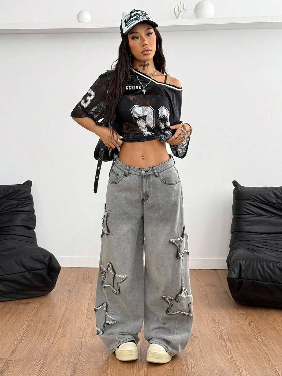 Coolane Women's Winter/All-Season Streetwear  Hippie   Music Festival Party Casual Preppy Vintage Basic Star Patched Washed Comfortable Black Baggy  Jeans