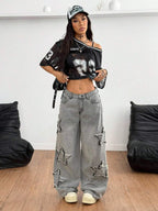 Coolane Women's Winter/All-Season Streetwear  Hippie   Music Festival Party Casual Preppy Vintage Basic Star Patched Washed Comfortable Black Baggy  Jeans