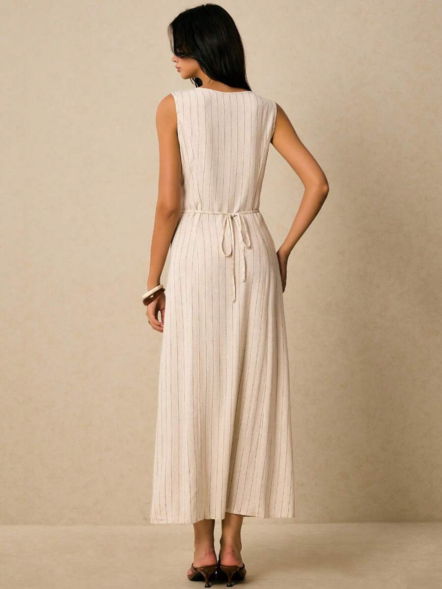 Poéselle Women's Dresses Linen Dresses Tie Back Waist Button Placket Striped Dress Vest Dress Boho Holiday Women's Sleeveless Striped Dress Casual Vacation Y2k Clothes Country Concert Outfit Old Money Streetwear Going Out Outfits Vintage